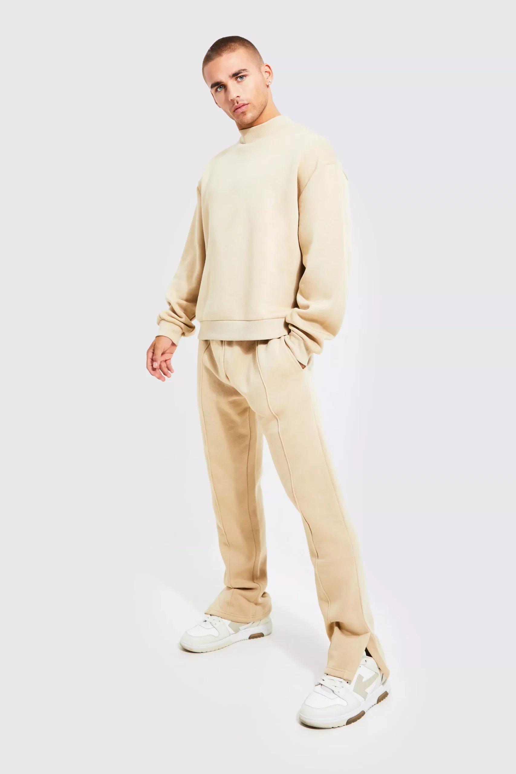 Boxy Fit Mock Neck Sweatshirt Fleece Tracksuit