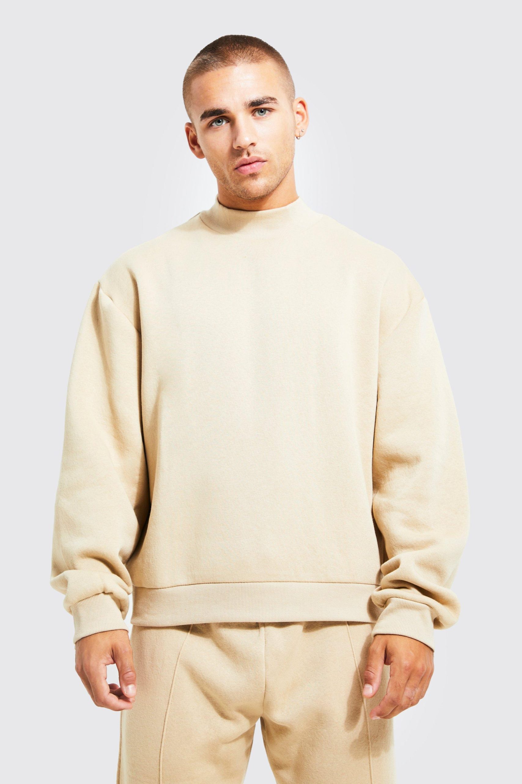 Boxy Fit Mock Neck Sweatshirt Fleece Tracksuit