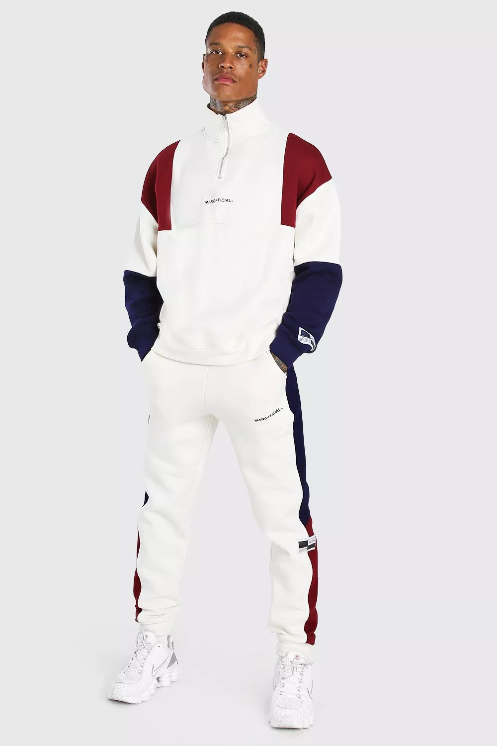 Custom Made White Colour Block Half-Zip Tracksuit for Men