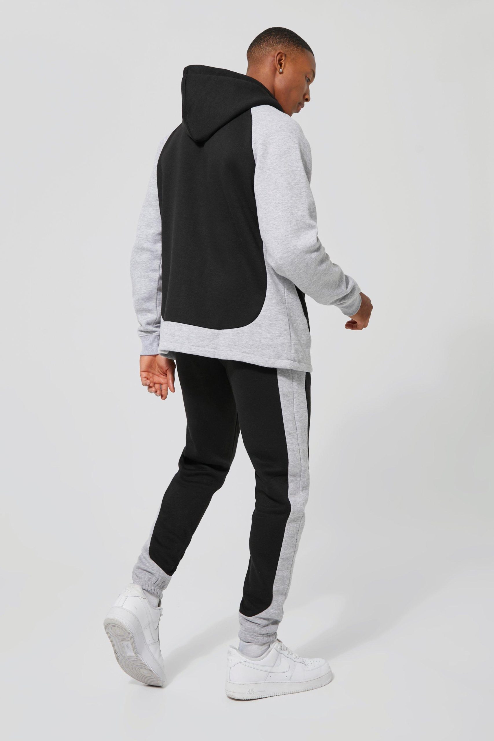 Custom Made Black & Grey Colour Block Hooded Tracksuit for Men