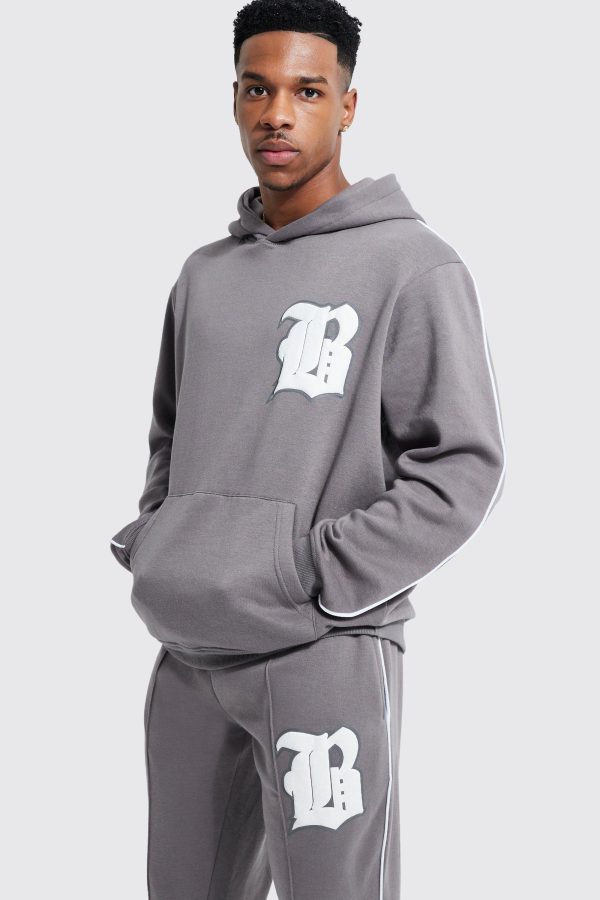Grey Oversize Piping Hooded Tracksuit